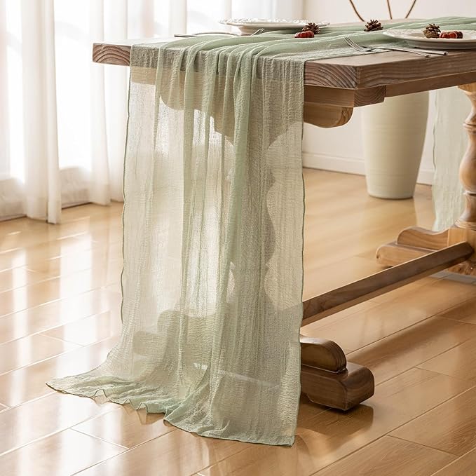 Sage Green Table Runner Cheesecloth 120 Inch 10 FT Rustic Boho Cheese Cloth Table Runner for Wedding Baby Shower Bridal Shower Sheer Gauze Centerpiece Home Decorations