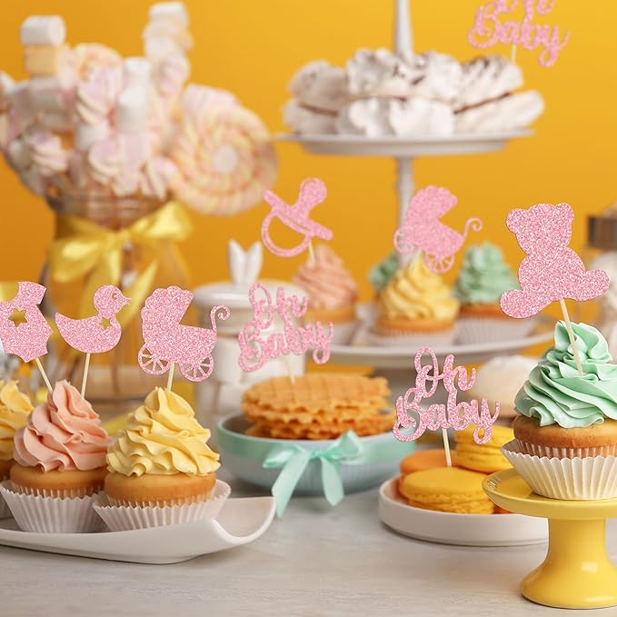 Gyufise 36Pcs Oh Baby Cupcake Toppers Glitter Pacifier Bear Cupcake Picks Cake Decorations for Gender Reveal Baby Shower Kids Boys Girls Birthday Party Supplies Pink