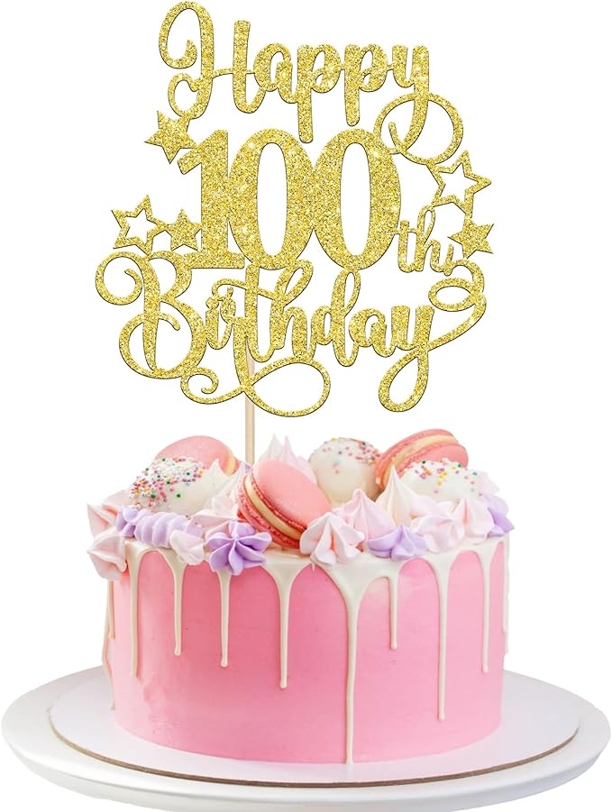 1 PCS Happy 100th Birthday Cake Topper - Glitter Cheers to 100 Years Cake Pick - Hello 100 Fabulous Cake Decoration for Anniversary Party Decorations Supplies - Gold
