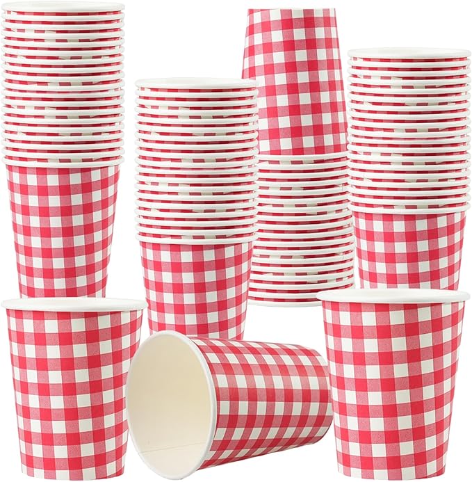 50 Pcs 8 oz Gingham Paper Cups, Disposable Gingham Cups, Checkered Cup for Hot Cold Beverage Birthday Party Supplies Decor (Red)