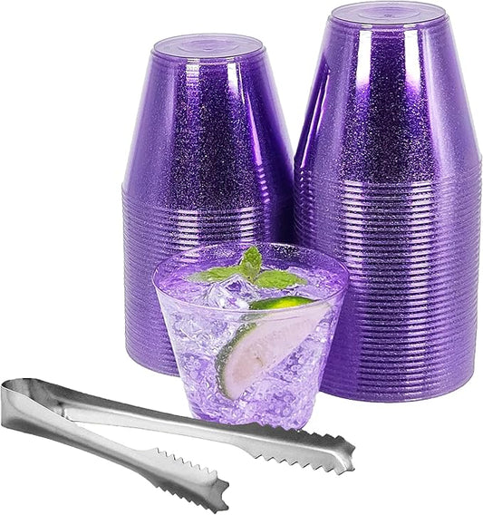 100 Purple Glitter Plastic Cups and 1 Silver Ice Tong Set - 9 Ounce Disposable Cocktail Glasses - Plastic Wine Cups - Purple Party Decorations - Purple Party Supplies