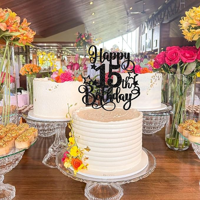 1 PCS Happy 15th Birthday Cake Topper Glitter Cheers to 15 Years Birthday Cake Pick Hello 15 Fabulous Cake Decoration for Happy 15th Birthday Anniversary Party Decorations Supplies Black