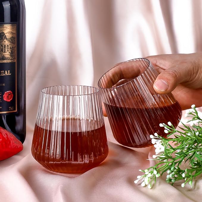 20 Pack Plastic Ribbed Wine Glasses, 14Oz Origami Disposable Wine Glasses Unbreakable Clear Plastic Cocktail Glasses Recyclable Shatterproof Reusable Wine Cups (14oz-20pack)