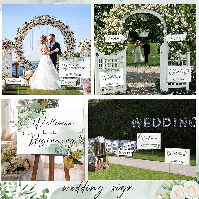 OurWarm 11 Pcs Wedding Direction Signs with Stakes, Wedding Welcome Signs Arrow Shaped Wedding This Way Directional Road Signs, Double Sided Printed Wedding Parking Sign Yard/Lawn Signs for Reception