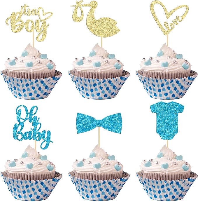 Gyufise 36 Pack Oh Baby Cupcake Toppers Assembled It's a Boy Cupcake Toppers with Tie Onesie Love Heart Glitter Cake Picks Decorations for Baby Shower Boy Birthday Party Supplies
