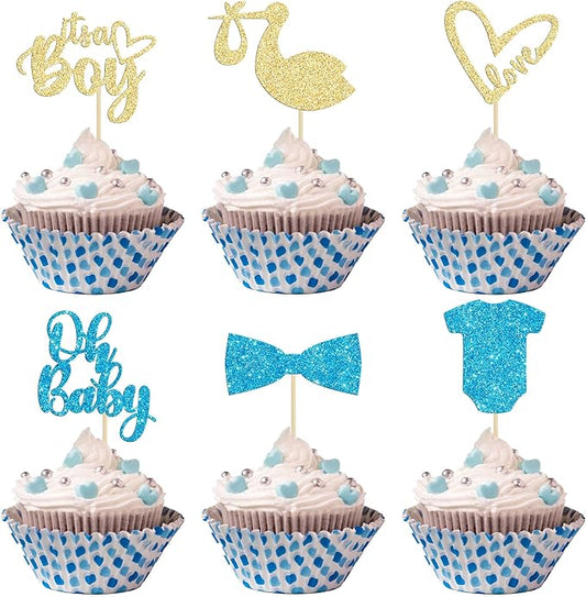 Gyufise 36 Pack Oh Baby Cupcake Toppers Assembled It's a Boy Cupcake Toppers with Tie Onesie Love Heart Glitter Cake Picks Decorations for Baby Shower Boy Birthday Party Supplies