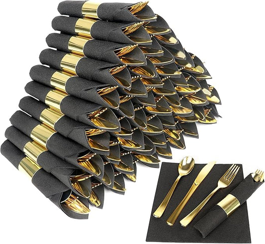 50 Pack Pre Rolled Gold Plastic Silverware Set,Wrapped Plastic Cutlery Set with Napkin Include 50 Forks,50 Spoons,50 Knives and 50 Black Napkins for Party, Wedding,Christmas