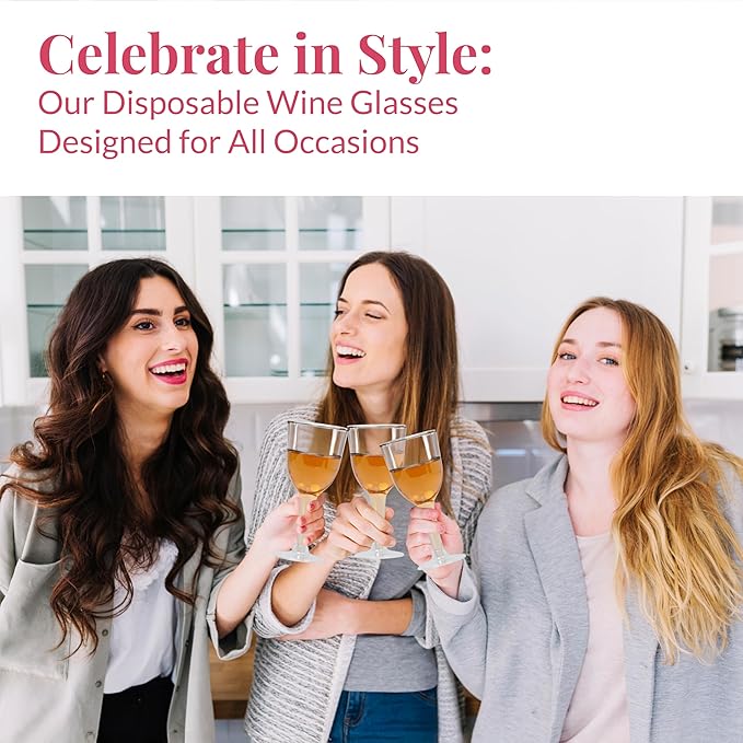 Prestee Stemmed Disposable Wine Glasses - 10 oz Clear Plastic Wine Glasses BPA-Free - Easy Assembly for Parties Weddings Picnics - Durable and Sturdy Wine Plastic Cups - 48 Pack