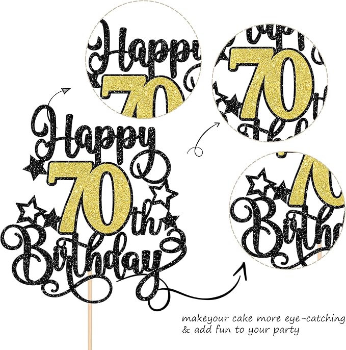 1 PCS Happy 70th Birthday Cake Topper Black Gold Glitter Cheers to 70 Years Birthday Cake Pick Hello 70 Fabulous Cake Decoration for Happy 70th Birthday Anniversary Party Decorations Supplies