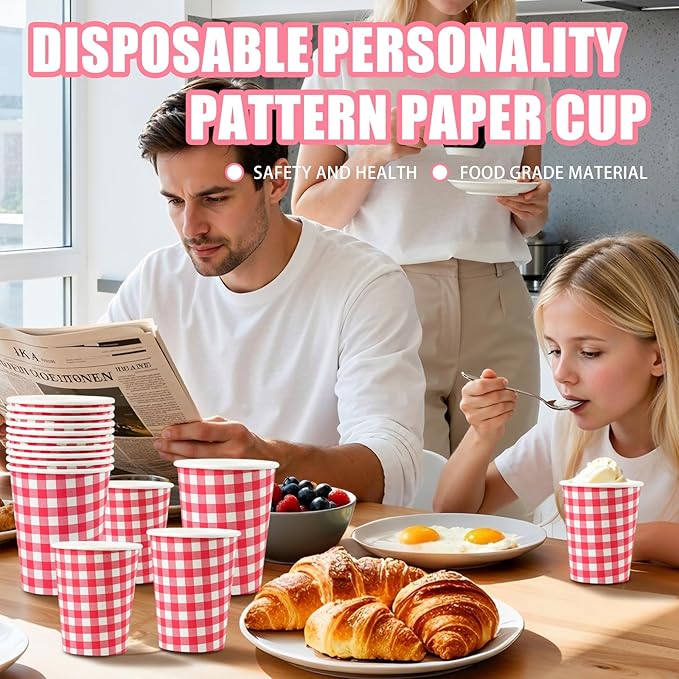 50 Pcs 8 oz Gingham Paper Cups, Disposable Gingham Cups, Checkered Cup for Hot Cold Beverage Birthday Party Supplies Decor (Red)