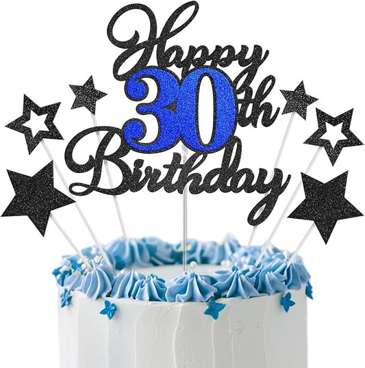 Happy 30th Birthday Cake Toppers, Black Blue Glitter Cake Decorations Set, 30th Birthday Decor, Birthday Anniversary Party Decorations Supplies