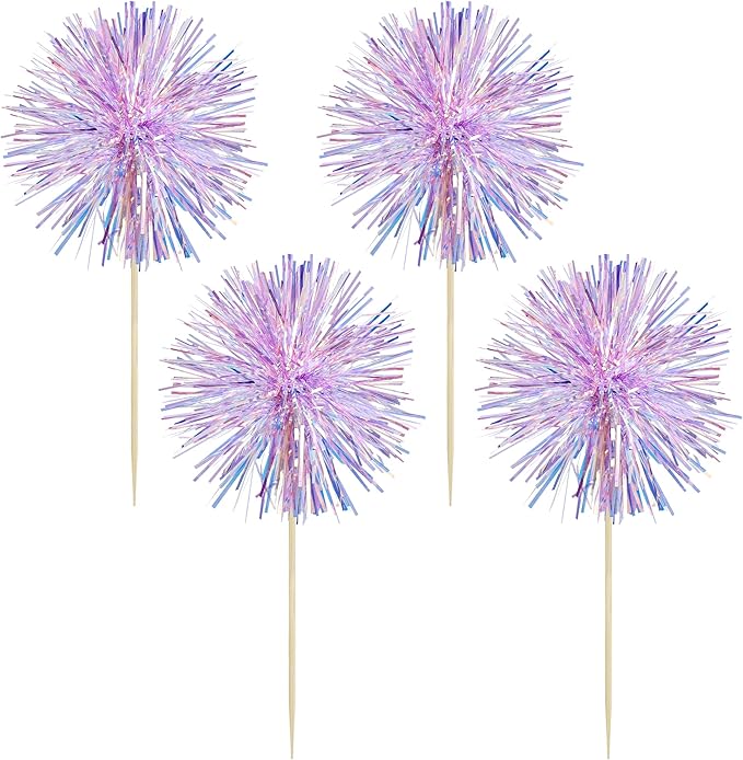 Gyufise 30Pcs Foil Firework Cupcake Toppers Sparkle Tinsel Cake Toppers Tinsel Drink Cake Decoration Cocktail Picks for Birthday Wedding Graduation Party Supplies Laser Purple