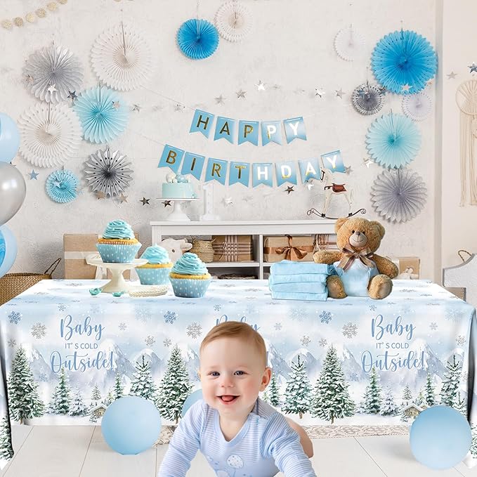Baby It's Cold Outside Baby Shower Decorations, 3pcs Blue Winter Woodland Plastic Tablecloth Rectangle Table Cover for Christmas Baby Shower Party Decorations Boys