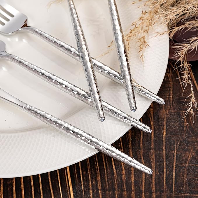 Rubtlamp 90Pcs Christmas Silver Plastic Silverware, Hammered Christmas Disposable Silverware,Silver Plastic Forks And Spoons, Fancy Plastic Cultery Include 30 Forks, 30 Knives And 30 Spoons for Party