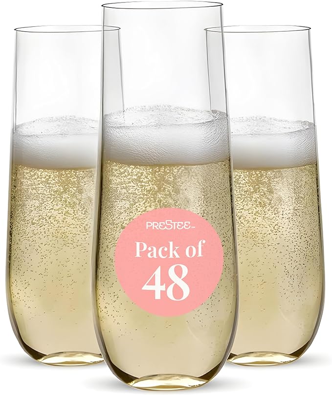 Prestee 48 Pack Plastic Champagne Flutes 9 oz - Stemless Disposable Champagne Flutes for Cocktails Mimosa Bar and Party Supplies - Clear Shatterproof Plastic Wine Glasses for Wedding and Summer Party