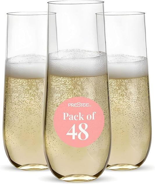 Prestee 48 Pack Plastic Champagne Flutes 9 oz - Stemless Disposable Champagne Flutes for Cocktails Mimosa Bar and Party Supplies - Clear Shatterproof Plastic Wine Glasses for Wedding and Summer Party