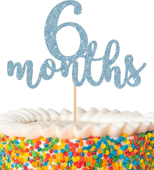 6 Months Cake Topper - Golden Glitter 1/2 Birthday Cake Decorations, Perfect for Baby Shower/Gender Reveal Party/Baby Party Photo Booth Props (Sky Blue)