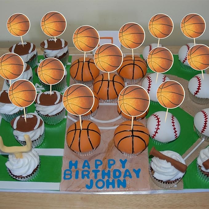 24Pcs Basketball Cupcake Toppers Star Sports Ball Cupcake Picks Baby Shower Basketball Sports Players Theme Birthday Party Cake Decorations Supplies