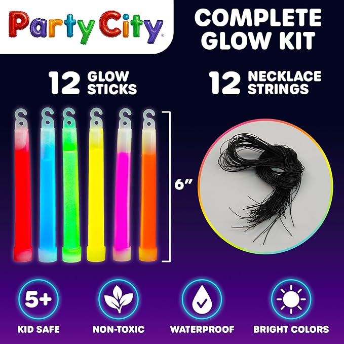 Party City Multicolor Glow Sticks Bulk Pack 6”- 12pk Glow in the Dark Sticks for Kids, Waterproof Camping Survival Ultra Bright Emergency Light Stick with String, Neon Glowsticks Party Supplies Favors