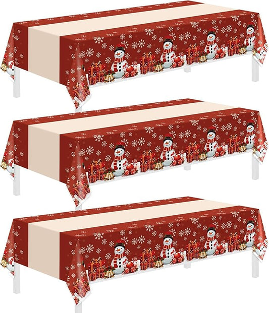 Childom 3 Pack Christmas Tablecloths,Disposable Plastic Tablecloths 54" x 108" Christmas Decorations,Xmas Snowman Table Cloths for Party Supplies,Plastic Table Covers for Home,Dinner,Indoor or Outside