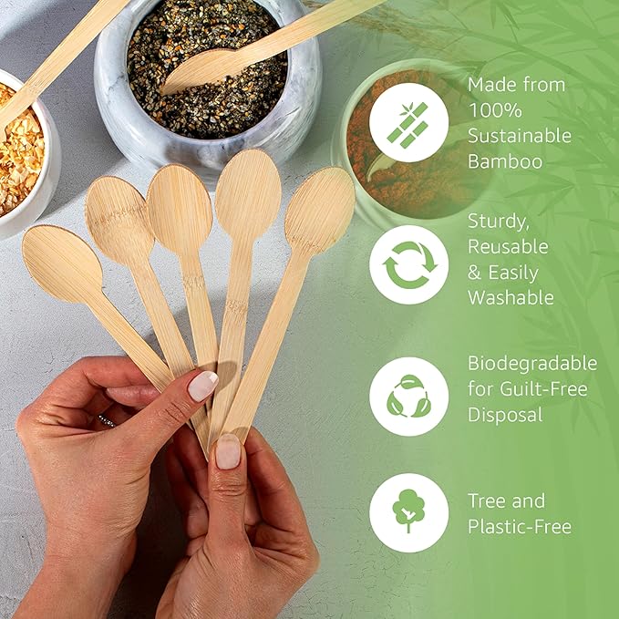 100% Bamboo Spoons Set - Eco Friendly Cutlery (500 Biodegradable Spoons) | Reusable or Disposable Bamboo Utensils | Compostable FSC Certified Silverware for Weddings, Camping, Parties