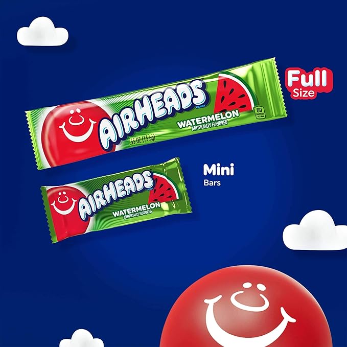 Airheads Full-Size Candy Bars, Taffy Candy Bulk Pack, Individually Wrapped, Watermelon Fruit Flavor Artificially Flavored, 36 Count Box