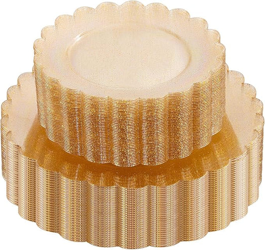 LIYH 60 Pcs Gold Glitter Plastic Scalloped Plates - Disposable Heavyduty Combo Plastic Plates Dishes Included 30 Dinner Plate 30 Dessert Plate for Weddings Party Birthday