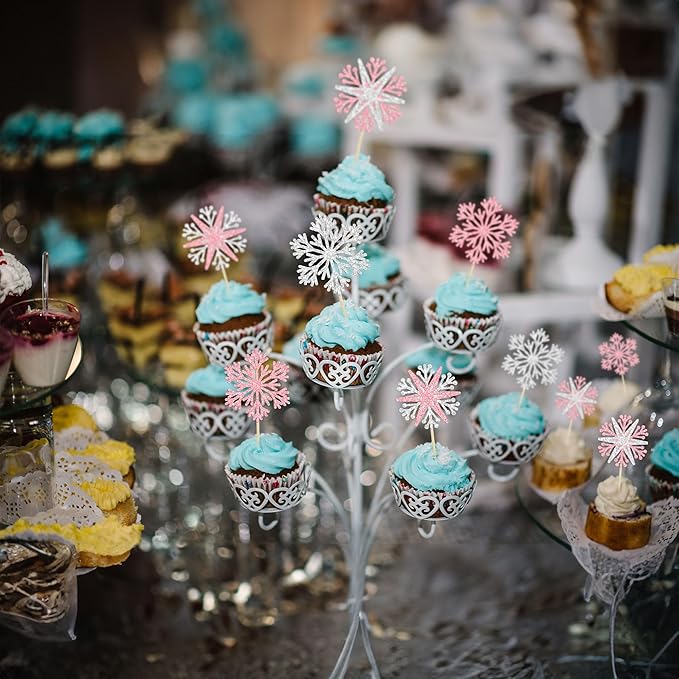 24Pcs Snowflake Cupcake Toppers Winter Frozen Winter Wonderland Cake Pick Decorations for Snowflake Theme Baby Shower Birthday Merry Christmas Party Supplies Pink
