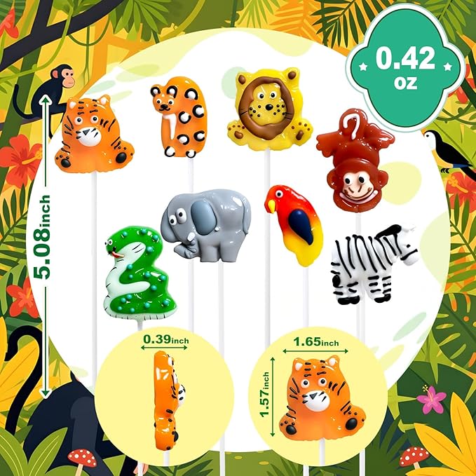 24 Ct African Savannah Animal-Shaped Lollipops Candy, Handmade Lollipops Suckers with unique designs and Fruit Flavors, Candies Lollipop Individually Wrapped Bulk for Zoo Theme Birthday