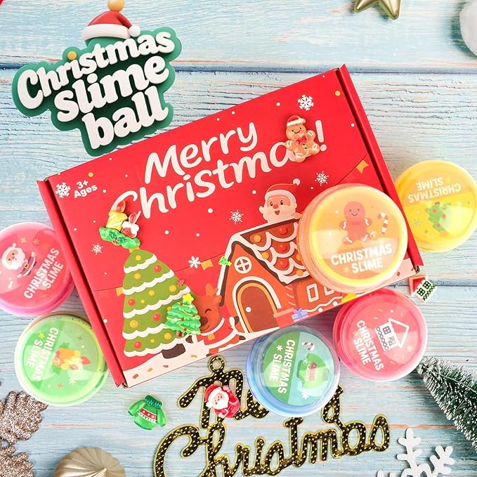 Christmas Slime Kit for Kids, 6 Pack Butter Clear Slime kit for Girls, Toys for Girls and Boys, Stocking Stuffers for Kids, Goodie Bag,Cute Stuff Party Favors, Classroom Rewards