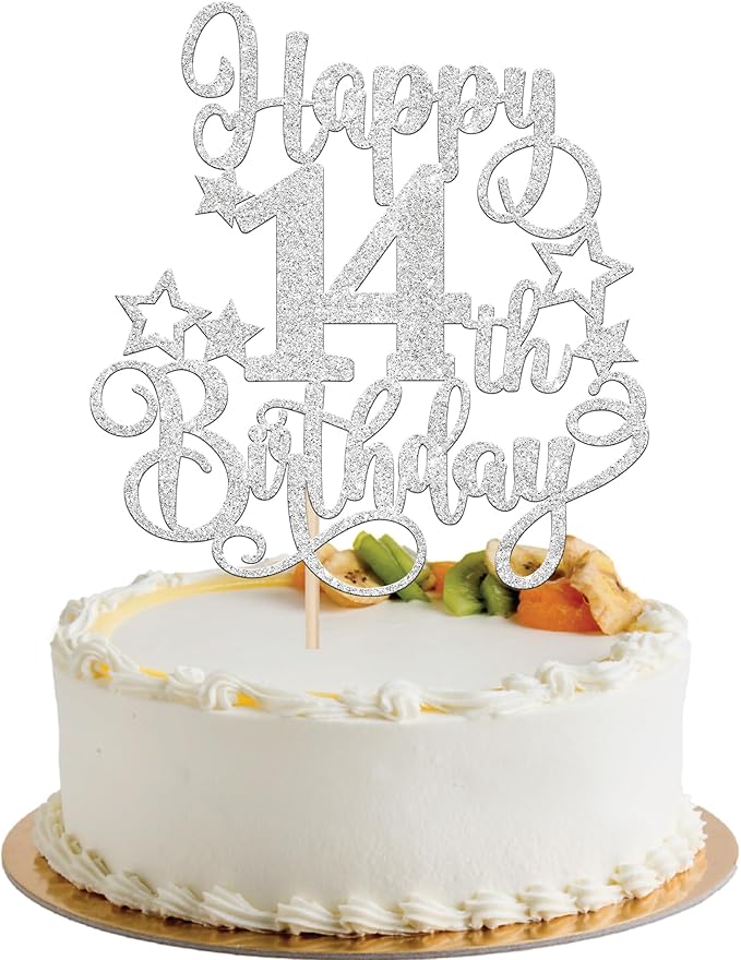 1 PCS Happy 14st Birthday Cake Topper Glitter Cheers to 14 Years Birthday Cake Pick Hello 14 Fabulous Cake Decoration for Happy 14st Birthday Anniversary Party Decorations Supplies silver