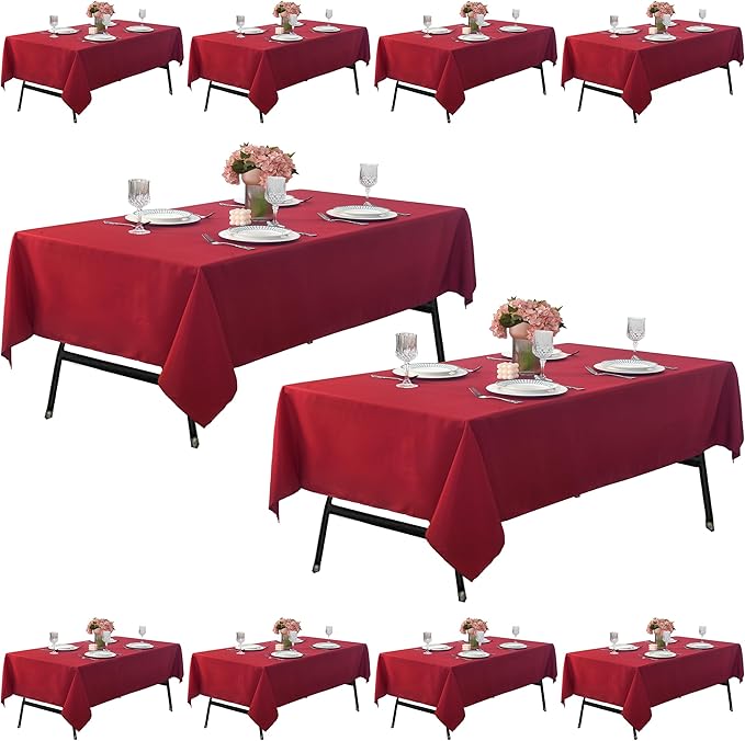 10-Pack 60x102 inch Burgundy Table Cloths, Solid Stain and Wrinkle Resistant Oblong Tablecloth, Premium Plain Weave Polyester Fabric Rectangle Table Linen Covers for Hotel, Wedding