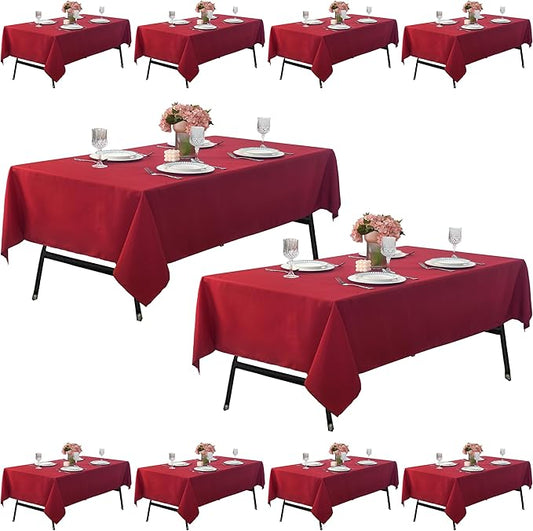 10-Pack 60x102 inch Burgundy Table Cloths, Solid Stain and Wrinkle Resistant Oblong Tablecloth, Premium Plain Weave Polyester Fabric Rectangle Table Linen Covers for Hotel, Wedding