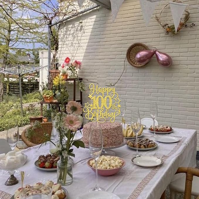 1 PCS Happy 100th Birthday Cake Topper - Glitter Cheers to 100 Years Cake Pick - Hello 100 Fabulous Cake Decoration for Anniversary Party Decorations Supplies - Gold