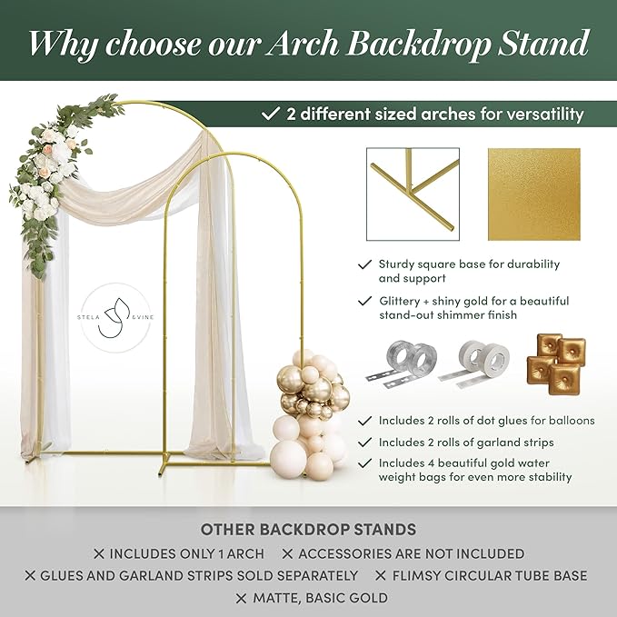 STELA & VINE 2 Pack Metal Arch Backdrop Stand Set (7.2FT & 6FT) – Gold Anti-Rust Arched Frame Kit with Water Bags, Carry Bags & Balloon Dot Glue for Weddings, Parties, Baby Showers & Photo Deco
