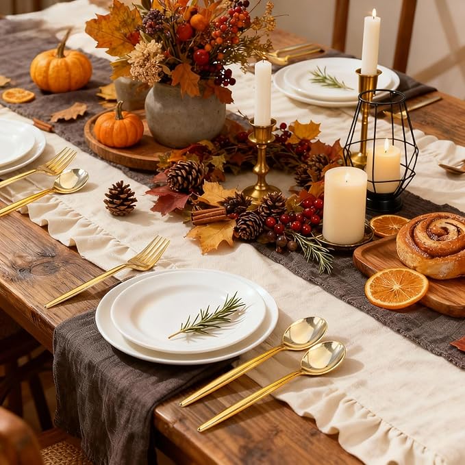 Rubtlamp 180Pcs Gold Plastic Silverware,Luxury Gold Plastic Cutlery,Heavy duty Golden Disposable Flatware, Utensils Set Disposable Include 60Gold Forks,60Gold Spoons,60Plastic Knives for Party,Wedding