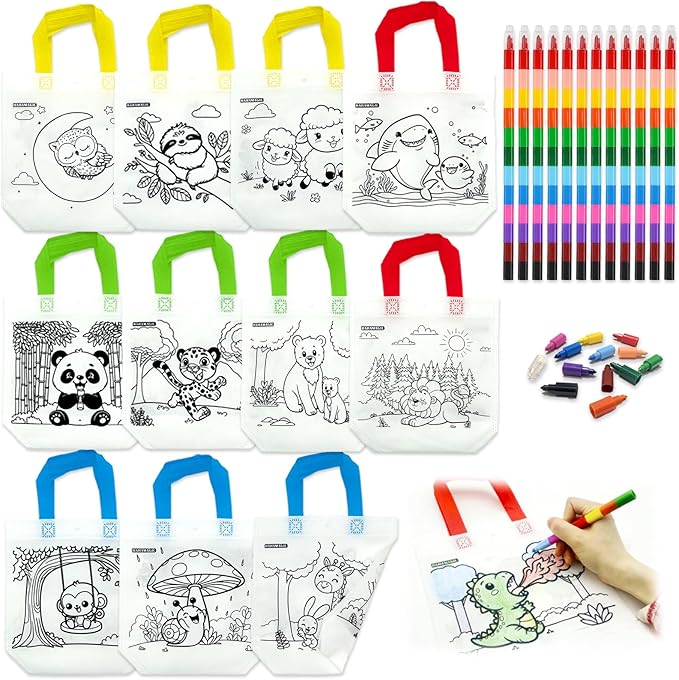 HahaMagic 12 Coloring Goodie Bags with 12 Crayons(12-in-1), Reusable Art Party Favors for Kids Classroom, Birthday Party, Craft Supplies, Mini Tote Bags and Goodie Bags Stuffers for Kids