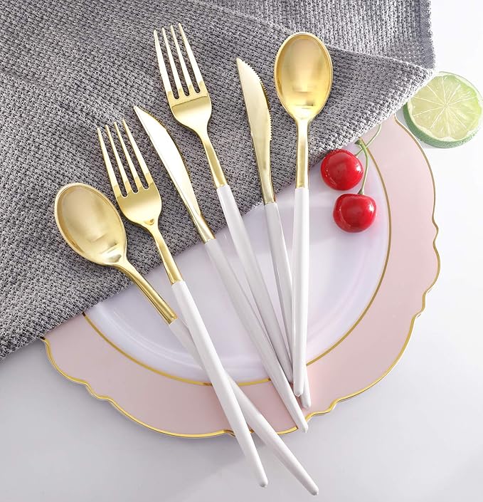 Supernal 102pcs Gold Plastic Cutlery, Durable Plastic silverware,Disposable Cutlerty with White Handle,Include 34 Forks,34 Knvies,34 Spoons, Suit for Wedding,Birthday,Party