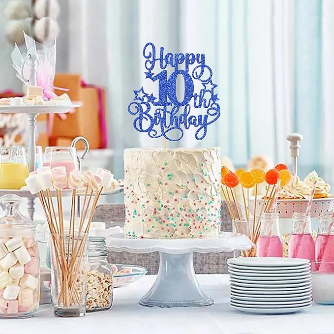 1 PCS Happy 10th Birthday Cake Topper Glitter Cheers to 10 Years Birthday Cake Pick Hello 10 Fabulous Cake Decoration for Happy 10th Birthday Anniversary Party Decorations Supplies Blue