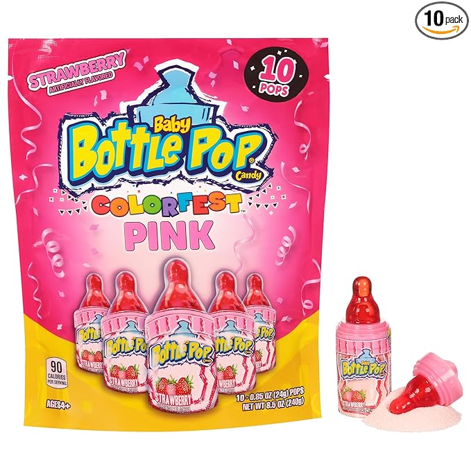 Baby Bottle Pop Candy Pink Lollipops, 10 Ct Bulk Lollipops with Dipping Powder in Pink Strawberry Flavor, Full Size, Individually Wrapped Christmas Candy for Party Favors, Gender Reveal, Baby Showers