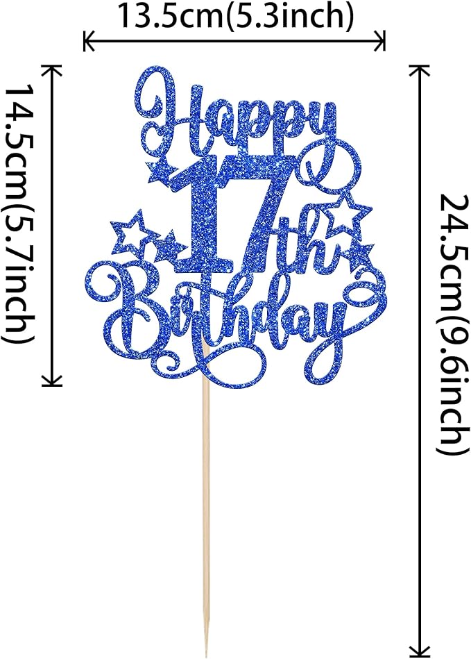 1 PCS Happy 17th Birthday Cake Topper Glitter Cheers to 17 Years Birthday Cake Pick Hello 17 Fabulous Cake Decoration for Happy 17th Birthday Anniversary Party Decorations Supplies Blue