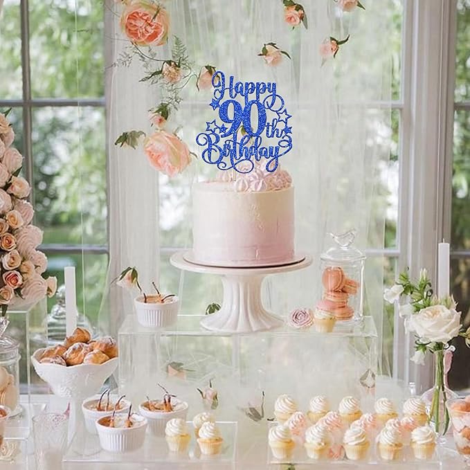 1 PCS Happy 90th Birthday Cake Topper Glitter Cheers to 90 Years Birthday Cake Pick Hello 90 Fabulous Cake Decoration for Happy 90th Birthday Anniversary Party Decorations Supplies Blue