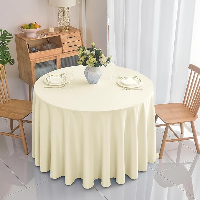 6-Pack Round 120-inch Beige Table Cloths, Solid Stain and Wrinkle Resistant Circular Tablecloth, Premium Plain Weave Polyester Fabric Table Linen Covers for Hotel, Banquet