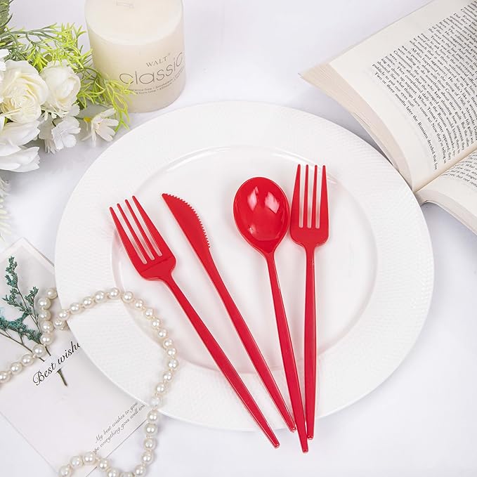 PULOTE 150PCS Red Plastic Silverware Set - Heavy Duty Plastic Cutlery - Red Utensils Disposable Include 50 Forks, 50 Spoons, 50 Knives for Party & Christmas