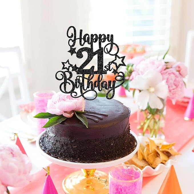 1 PCS Happy 21st Birthday Cake Topper Glitter Cheers to 21 Years Birthday Cake Pick Hello 21 Fabulous Cake Decoration for Happy 21st Birthday Anniversary Party Decorations Supplies Black