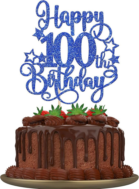 1 PCS Happy 100th Birthday Cake Topper Glitter Cheers to 100 Years Birthday Cake Pick Hello 100 Fabulous Cake Decoration for Happy 100th Birthday Anniversary Party Decorations Supplies Blue