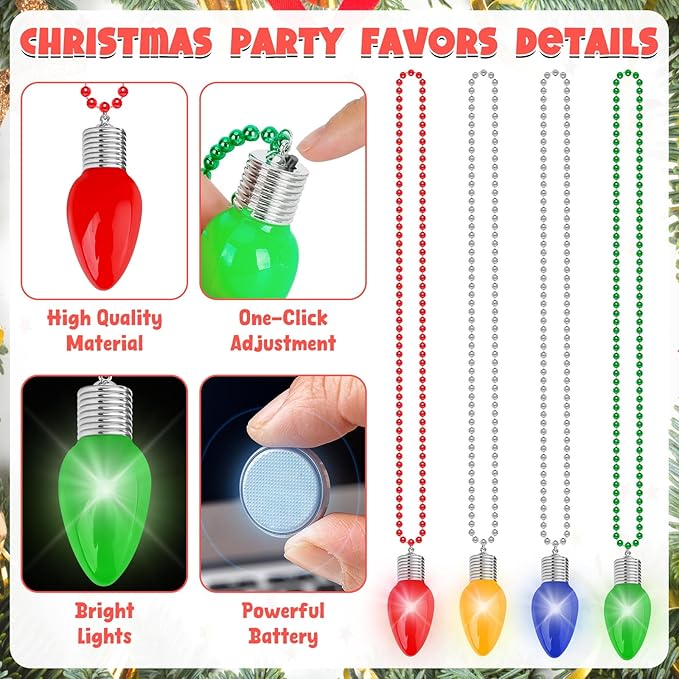 48PCS Light Up Christmas Necklaces, 3 Lighting Modes Festive Xmas Accessories, 4 Vibrant Colors Lights Bead Chain, Christmas Party Favors Necklaces for Holiday Celebrations New Year Decorative