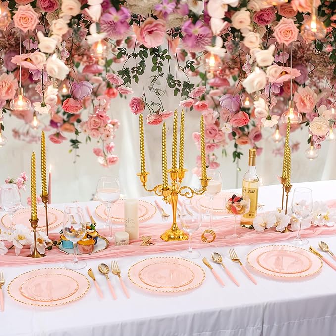 Supernal 102Pcs Pink Plastic Silverware, Gold Disposable Utensils with Pink Handle, Elegant Gold Plastic Silverware Set Includes 34 Forks, 34 Spoons and 34 Knives for Party & Wedding, Mother's Day