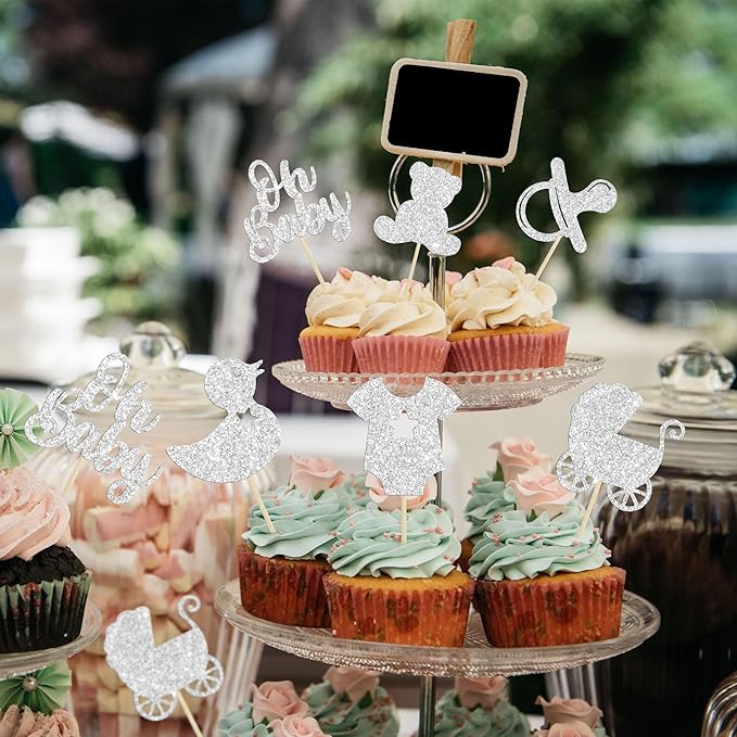 Gyufise 36Pcs Oh Baby Cupcake Toppers Glitter Pacifier Baby Carriage Bear Baby Shower Cupcake Picks for Gender Reveal Baby Shower Kids Birthday Party Supplies Silver