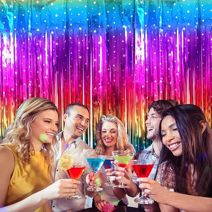 Sparkly Rainbow Gradient Tinsel Foil Fringe Curtain Metallic Streamers for Birthday Party Decorations Wedding Graduation Baby Shower Bachelorette Photo Booth Props 2 Packs